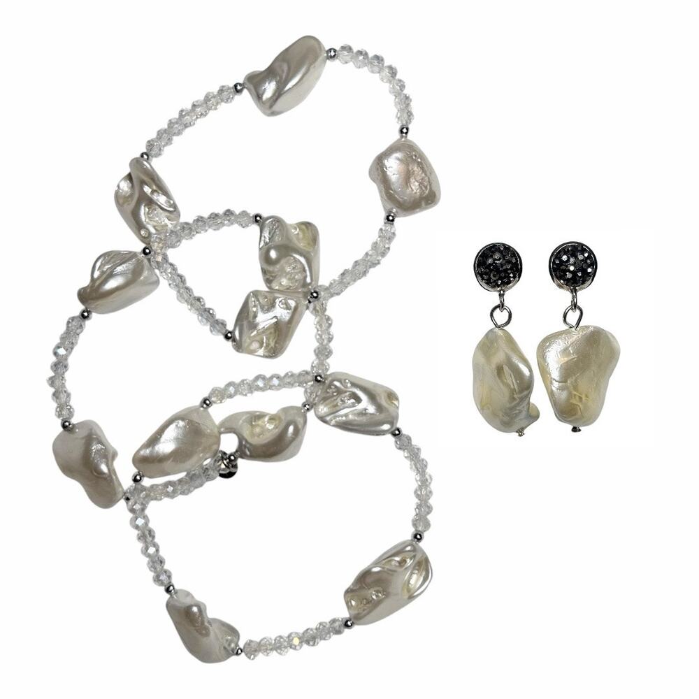 JK NY 4-Piece Simulated Pearl Beaded Stretch Bracelets & Pavé Drop Earrings Set